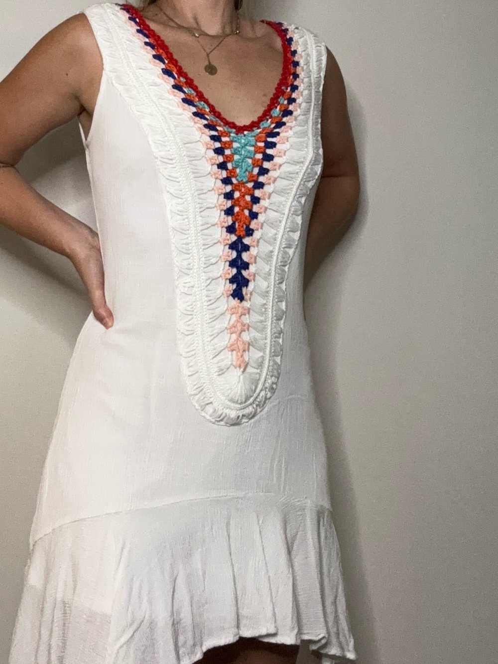 VENUS White Dress with Red, Navy, Orange and Teal Crochet V-Neck